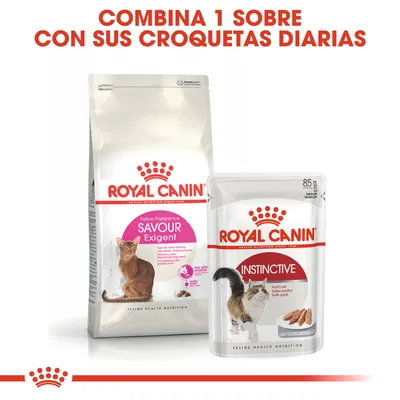 ROYAL CANIN Feline Preference Savour Exigent pienso para gatos y ROYAL CANIN Instinctive sobre 85 g. Texto: Combina 1 sobre con sus croquetas diarias.