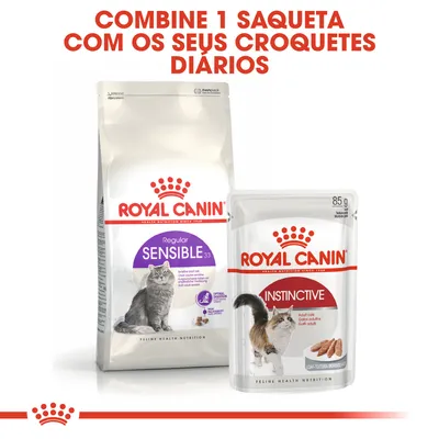 Royal Canin Regular Sensible 33 e Royal Canin Instinctive 85 g para gatos. Texto: Combine 1 saqueta com os seus croquetes diários.