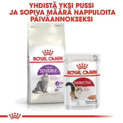 Royal Canin Regular Sensible 33 -kuivaruokapussi ja Royal Canin Instinctive 85 g -märkäruokapussi kissoille. Yhdistä yksi pussi ja sopiva määrä nappuloita päiväannokseksi.