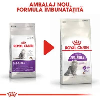 Ambalaj nou și formulă îmbunătățită pentru Royal Canin Sensible 33, hrană uscată pentru pisici. Imagine cu vechiul și noul ambalaj, text vizibil: 'AMBALAJ NOU, FORMULA IMBUNĂTĂȚITĂ'.