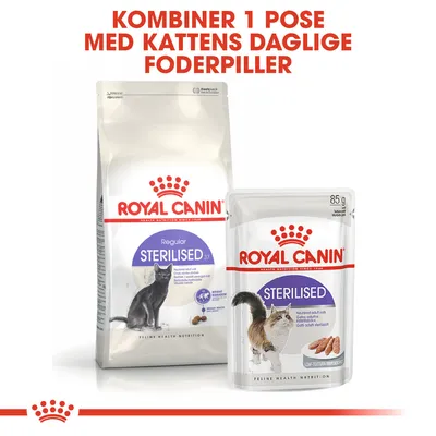 Royal Canin Sterilised kattefoder: stor pose tørfoder og 85 g vådfoder. Tekst øverst: Kombiner 1 pose med kattens daglige foderpiller.