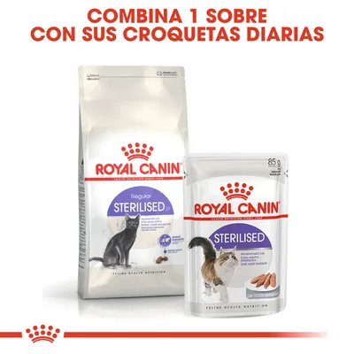 ROYAL CANIN Regular Sterilised 37 pienso para gatos esterilizados y sobre húmedo STERILISED 85 g. Texto superior: Combina 1 sobre con sus croquetas diarias.