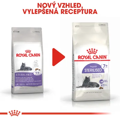 ROYAL CANIN STERILISED 7+ pro kastrované kočky nad 7 let, porovnání starého a nového obalu s textem: Nový vzhled, vylepšená receptura.