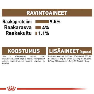Ravintoaineet: raakaproteiini 9,5 %, raakarasva 4 %, raakakuitu 1,1 %. Koostumus: liha- ja eläinperäiset tuotteet, viljat, kasvivalkuaiset, öljyt, kivennäisaineet. Lisäaineet: D3-vitamiini, rauta, jodi, kupari, mangaani, sinkki.