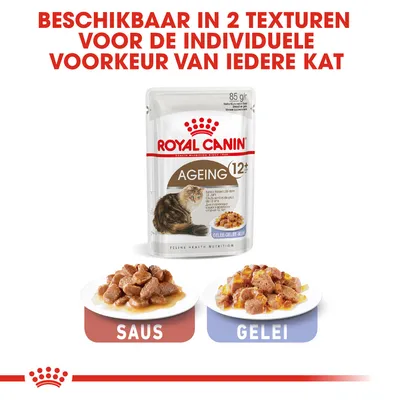 Royal Canin Ageing 12+ kattenvoer, verkrijgbaar in saus of gelei. Beschikbaar in 2 texturen voor de individuele voorkeur van iedere kat. Verpakking van 85 g.
