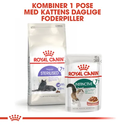 Royal Canin Regular Sterilised 7+ tørfoder og Royal Canin Instinctive 7+ vådfoder. Tekst: Kombiner 1 pose med kattens daglige foderpiller.