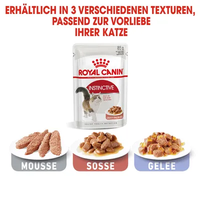 Royal Canin Instinctive Katzenfutter, erhältlich in drei Texturen: Mousse, Sosse und Gelee. Verpackung zeigt Produkt für ausgewachsene Katzen mit Gravy-Salsa-Sosse.
