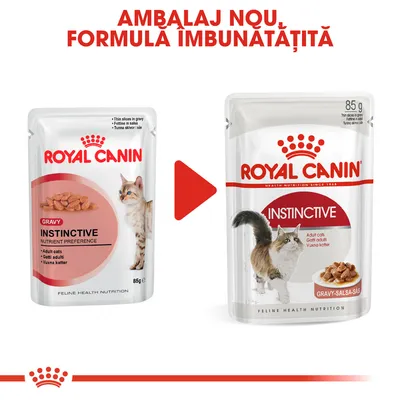 Plicuri hrană umedă Royal Canin Instinctive pentru pisici adulte, 85 g. Text vizibil: Ambalaj nou, formulă îmbunătățită. Comparație între vechiul și noul ambalaj.