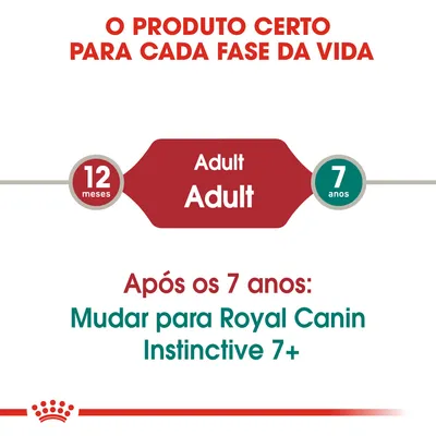 O produto certo para cada fase da vida. Adult 12 meses a 7 anos. Após os 7 anos: Mudar para Royal Canin Instinctive 7+.