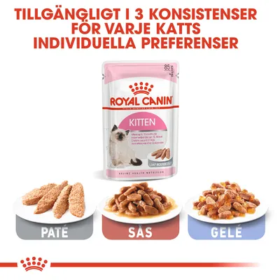 Royal Canin Kitten våtfoder 85 g, tillgängligt i tre konsistenser: paté, sås och gelé. Text: Tillgängligt i 3 konsistenser för varje katts individuella preferenser.