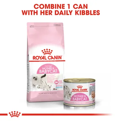 Instructional image showing Royal Canin Mother & Babycat dry food and wet food can with text: Combine 1 can with her daily kibbles.