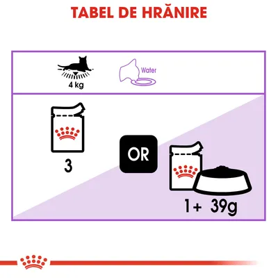 Tabel de hrănire pentru pisică de 4 kg: 3 plicuri sau 1 plic plus 39 g hrană uscată. Include simbol apă și text „Water”.