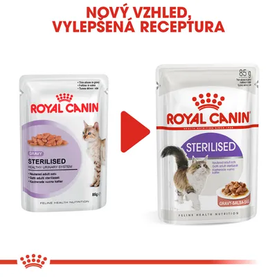 Porovnání starého a nového obalu kapsičky Royal Canin Sterilised 85 g pro kastrované kočky. Text: Nový vzhled, vylepšená receptura.