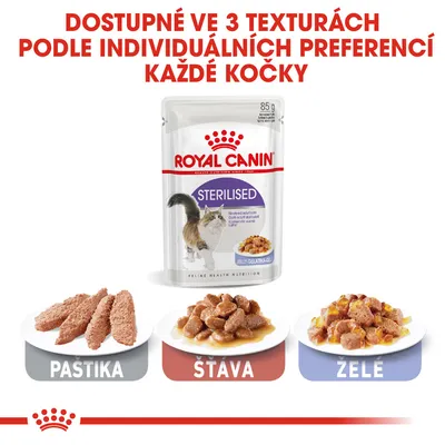 Royal Canin Sterilised 85 g, dostupné ve 3 texturách: paštika, šťáva, želé. Text: Dostupné ve 3 texturách podle individuálních preferencí každé kočky.