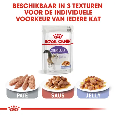 Royal Canin Sterilised kattenvoer, 85 g. Beschikbaar in 3 texturen: paté, saus en jelly. Tekst: 'Beschikbaar in 3 texturen voor de individuele voorkeur van iedere kat'.