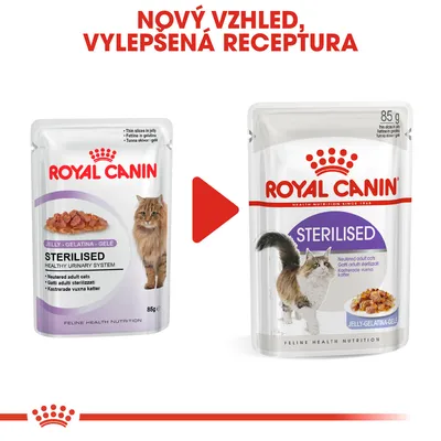 Porovnání starého a nového obalu kapsičky Royal Canin Sterilised 85 g s textem: Nový vzhled, vylepšená receptura. Oba obaly zobrazují kočku a krmivo v želé.