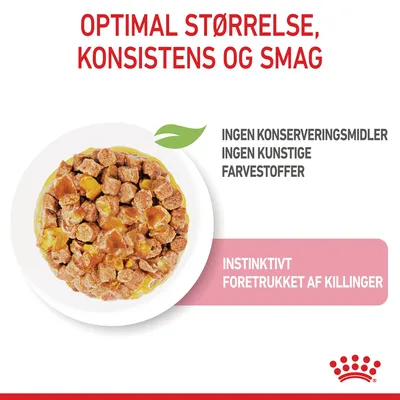 Optimal størrelse, konsistens og smag. Ingen konserveringsmidler, ingen kunstige farvestoffer. Instinktivt foretrukket af killinger. Skål med vådfoderbider i sovs.
