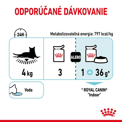 Odporúčané dávkovanie pre 4 kg mačku: 3 kapsičky alebo 1 kapsička a 36 g granúl Royal Canin Indoor, metabolizovateľná energia 797 kcal/kg, vždy čerstvá voda.