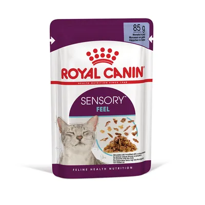 Royal Canin Sensory Feel kattenvoer in gelei, 85 g. Afbeelding van kat en stukjes voer op de verpakking. Tekst: Feline Health Nutrition.
