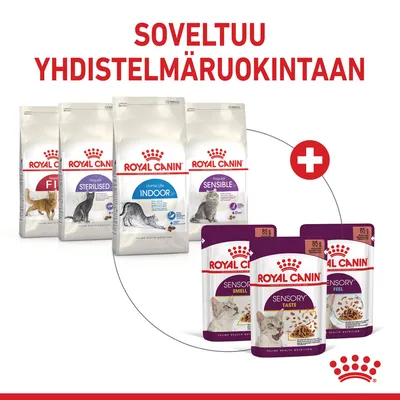 Royal Canin -kuivaruokapussit: Fit, Sterilised, Indoor 27, Sensible sekä märkäruokapussit: Sensory Smell, Taste, Feel. Teksti: Soveltuu yhdistelmäravintoon.