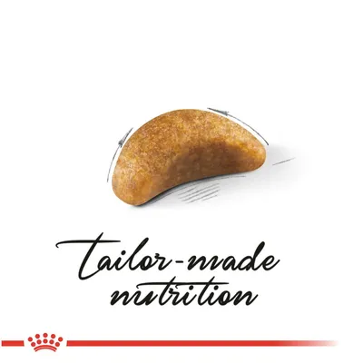 En brun, buet foderpille med teksten 'tailor-made nutrition' og rød krone samt streg nederst. Teksten er på engelsk.