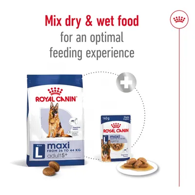 ROYAL CANIN maxi adult 5+ ξηρή τροφή για σκύλους 26–44 κιλά και υγρή τροφή 140g. Κείμενο στα αγγλικά: Mix dry & wet food for an optimal feeding experience.
