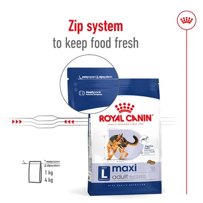 Συσκευασία Royal Canin maxi adult με zip system και ένδειξη easyopen & zipsystem, freshpack protective atmosphere. Κείμενο στα αγγλικά: Zip system to keep food fresh.