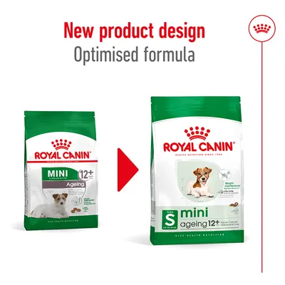 Σύγκριση παλιάς και νέας συσκευασίας Royal Canin mini ageing 12+, με αγγλικό κείμενο: New product design, Optimised formula. Εμφανής αλλαγή σχεδίασης και ονομασίας.
