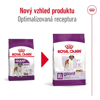 Porovnání starého a nového balení krmiva ROYAL CANIN GIANT Adult, text: Nový vzhled produktu, Optimalizovaná receptura, nové balení označeno SIZE XL giant adult.