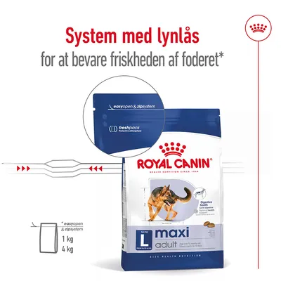 Royal Canin maxi adult hundefoder med lynlåslukning. Tekst: System med lynlås for at bevare friskheden af foderet, easyopen & zipsystem, freshpack protective atmosphere. 1 kg, 4 kg.