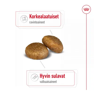 Kaksi ruskeaa nappulaa, tekstit: Korkealaatuiset ravintoaineet, Hyvin sulavat valkuaisaineet