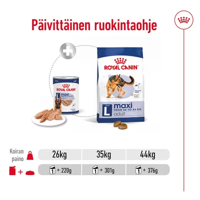 Päivittäinen ruokintaohje Royal Canin Maxi Adult L:lle: koiran paino 26 kg – 1 purkki + 220 g, 35 kg – 1 purkki + 301 g, 44 kg – 1 purkki + 376 g.