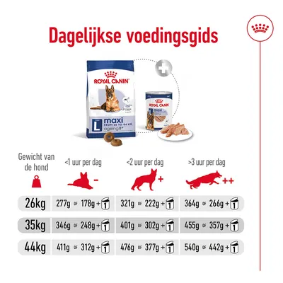 Dagelijkse voedingsgids Royal Canin Maxi Ageing 8+ voor honden van 26, 35 en 44 kg; aanbevolen hoeveelheid droog- of natvoer per dag op basis van activiteit (<1, <2, >3 uur).