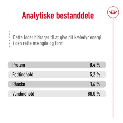 Analytiske bestanddele: Protein 8,4 %, Fedtindhold 5,2 %, Råaske 1,6 %, Vandindhold 80,0 %. Tekst: Dette foder bidrager til at give dit kæledyr energi i den rette mængde og form.