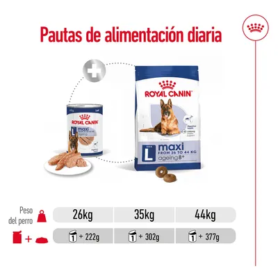 Pautas de alimentación diaria Royal Canin Maxi Ageing 8+: para perros de 26 kg, 1 lata + 222 g; 35 kg, 1 lata + 302 g; 44 kg, 1 lata + 377 g.