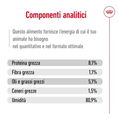 Componenti analitici: proteina grezza 8,1 %, fibra grezza 1,1 %, oli e grassi grezzi 5,1 %, ceneri grezze 1,5 %, umidità 80,9 %