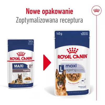 Royal Canin Maxi Ageing 140 g – porównanie starego i nowego opakowania, tekst: Nowe opakowanie, Zoptymalizowana receptura