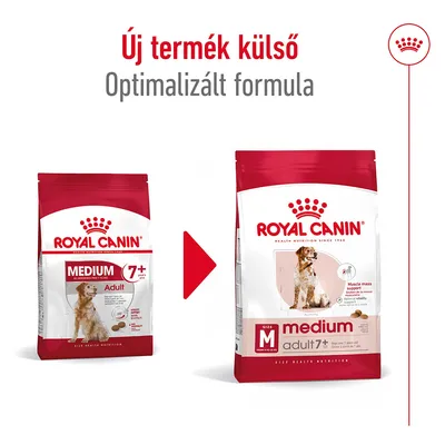 Royal Canin Medium Adult 7+ kutyatáp csomagolásváltás: régi és új design, feliratok: Új termék külső, Optimalizált formula, medium adult 7+, Muscle mass support.