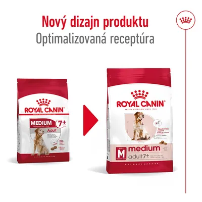 Royal Canin Medium Adult 7+ – zmena dizajnu balenia, optimalizovaná receptúra. Zobrazené staré a nové balenie krmiva pre psov s viditeľným textom a logom značky.