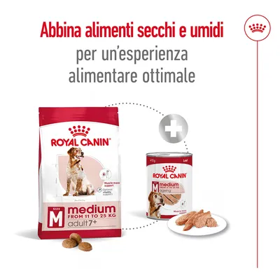 Royal Canin medium adult 7+ secco da 11 a 25 kg e umido in lattina, testo: Abbina alimenti secchi e umidi per un’esperienza alimentare ottimale.