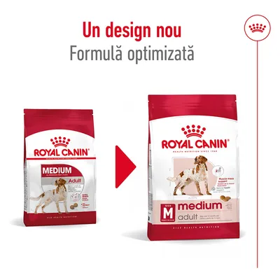 Pungi de hrană uscată pentru câini Royal Canin Medium Adult, vechiul și noul design. Text vizibil: Un design nou, Formulă optimizată, medium adult, Muscle mass support.