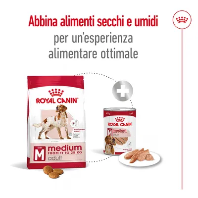 Royal Canin medium adult da 11 a 25 kg, alimenti secchi e umidi per cani. Testo: Abbina alimenti secchi e umidi per un’esperienza alimentare ottimale.