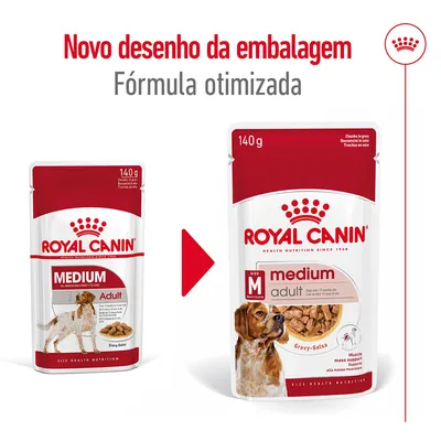 Comparação de embalagens Royal Canin Medium Adult 140 g, com texto: 'Novo desenho da embalagem. Fórmula otimizada'. Ambas mostram cão e comida em molho (Gravy-Salsa).