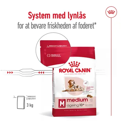 Royal Canin medium ageing 10+ tørfoder, 3 kg pose med easyopen & zipsystem og freshpack. System med lynlås for at bevare friskheden af foderet. Synlig hund på emballagen.