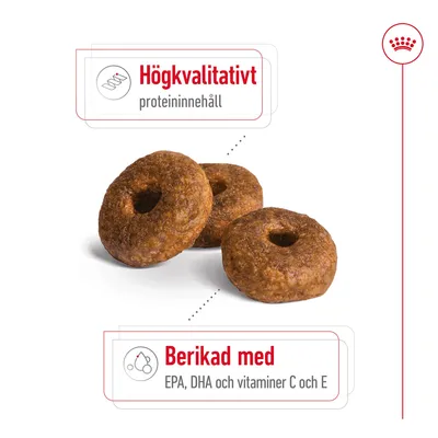 Tre foderbitar med text: Högkvalitativt proteininnehåll. Berikad med EPA, DHA och vitaminer C och E.