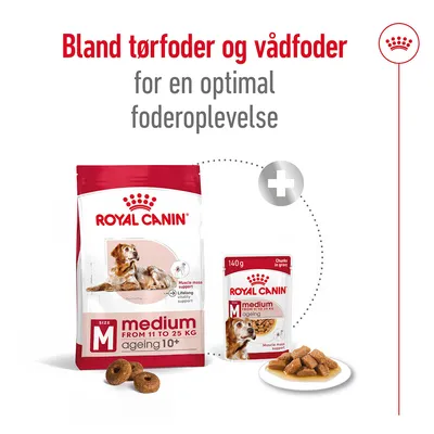 Bland tørfoder og vådfoder for en optimal foderoplevelse. Royal Canin medium ageing 10+ fra 11 til 25 kg, tør- og vådfoder synligt på billedet.
