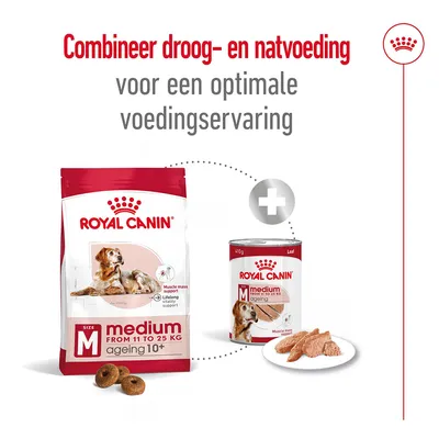 Royal Canin medium ageing 10+ droogvoer (11–25 kg) en natvoer, tekst: Combineer droog- en natvoeding voor een optimale voedingservaring. Beide verpakkingen en voer zichtbaar.