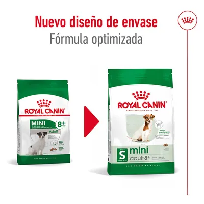 Nuevo diseño de envase Royal Canin mini adult 8+, fórmula optimizada. Imagen muestra el cambio de empaque antiguo a nuevo con perro pequeño en ambos paquetes.