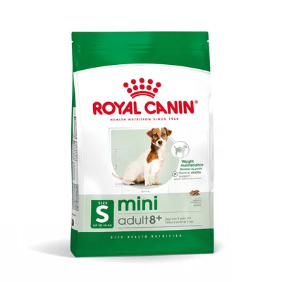 Zak Royal Canin mini adult 8+, size S tot 10 kg, met afbeelding van kleine hond en tekst: Weight maintenance, Optimal vitality support. Voor honden ouder dan 8 jaar.