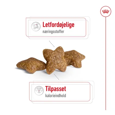 Letfordøjelige næringsstoffer. Tilpasset kalorieindhold. Tre stjerneformede foderpiller vist.